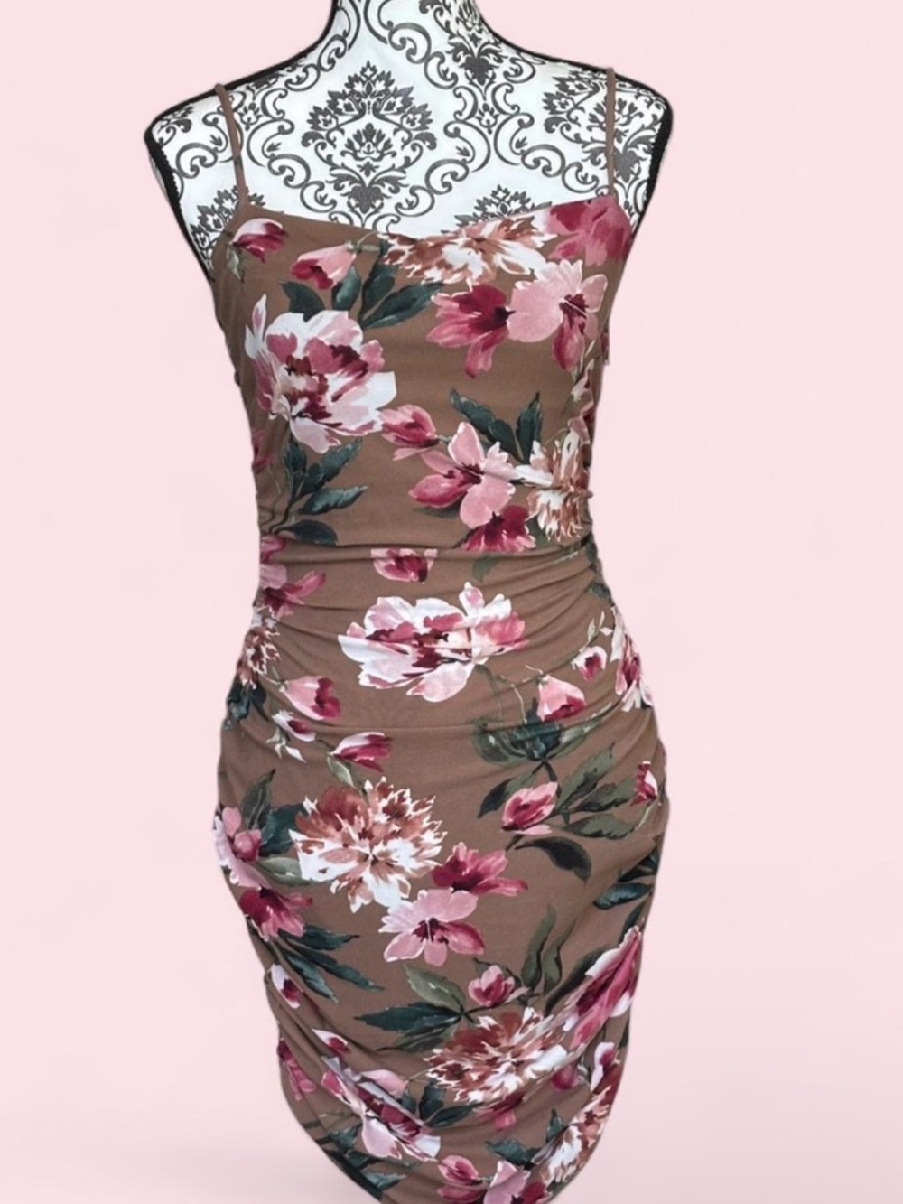 Windsor Brown Floral Spaghetti-Strap Mini Dress with Pink Blooms
